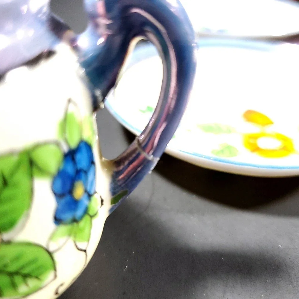 Vintage 1950s Japanese Lusterware Tea Set 17 pieces blue rim orange blue flowers